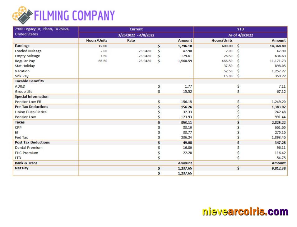 Filming company pay stub